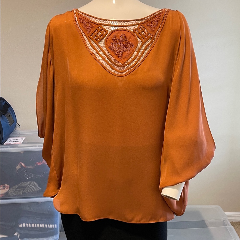 Haute Hippie Bronze Silk Chiffon Top Dolmam Sleeves Deep Embellished V-Neck M EC - Picture 5 of 15